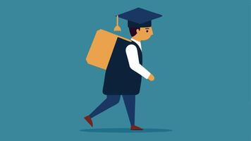 Weighed Down by Debt An of a graduate walking forward but their back is hunched under the weight of a massive student loan backpack highlighting the physical and. vector