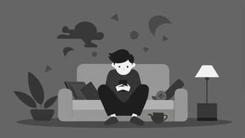 Isolated Individual A person sitting on a couch surrounded by a cluttered room completely engrossed in their phone as the world around them fades into grayscale.. vector