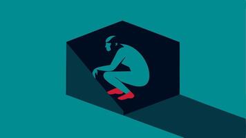 Illustration 2 Shadow Leap A figure crouches inside a small rectangular box looking contemplative. Outside the shadow emerges as a larger energetic form leaping into the air with. vector