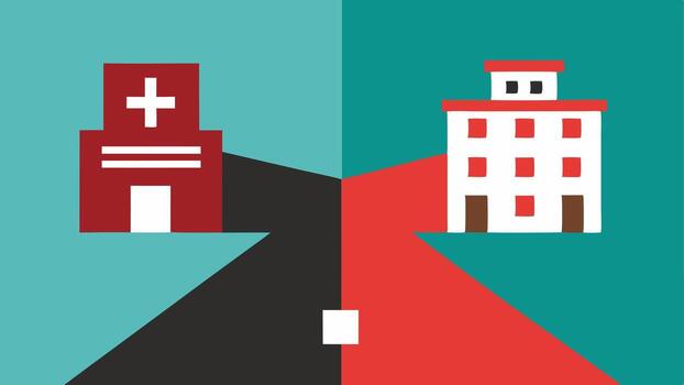 Two Paths A split path graphic where one side shows a paved road leading to a wellmaintained hospital while the other side shows a rough dirt path leading to a dilapidated health. vector