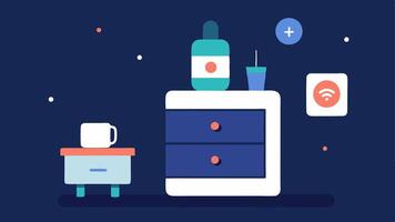 Medication Reminder Device An illustration of a nightstand with a smart device that reminds a patient to take their medication showing notifications and a pill organizer.. vector