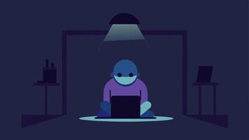 Isolation A character sitting alone in a dark room surrounded by shadows and a single light from the computer signifying social isolation due to workaholism.. vector