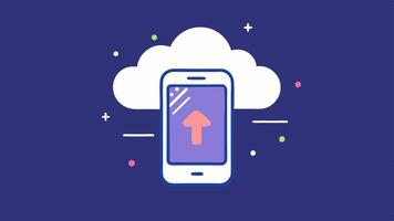 Mobile Upload A smartphone with a glowing upload icon on its screen connected by dotted lines to a stylized cloud in the background.. vector