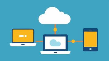 Multiple Devices A laptop tablet and smartphone all sending data to a central cloud symbol illustrating synchronized cloud storage across devices.. vector