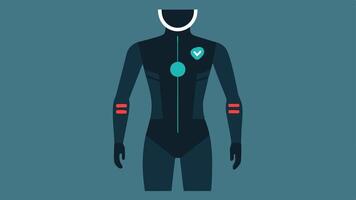 Fitness Tracker Suit A formfitting athletic suit featuring builtin sensors displaying heart rate calories burned and hydration levels with a sleek digital interface on the sleeve.. vector