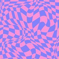 Psychedelic Checkerboard Background with Retro Colors. Trippy design with distortion grid effect. Twisted wavy and groovy geometrical chessboard. Distorted funky 70s hippie art vector