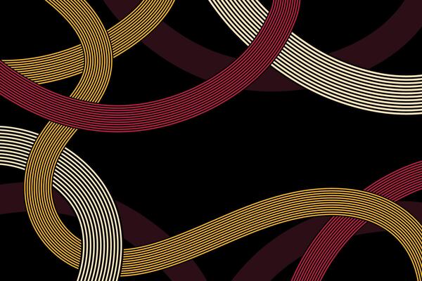 Elegant Retro Geometric Bold Wave Lines on Dark Background. Looping ribbons in gold, red, and cream tones. Luxurious vintage banner. Perfect for branding, poster, wallpaper, wall art, decoration