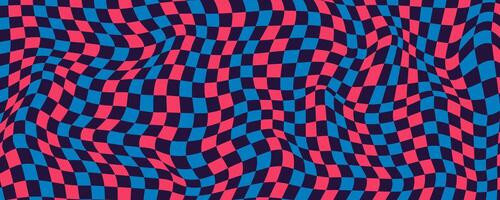 Abstract Psychedelic Checkerboard Background with Retro Colors. Funky design with distortion grid effect. Twisted wavy and groovy geometrical chessboard. Distorted funky 70s hippie art vector