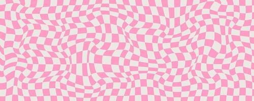 Vintage Psychedelic Checkerboard Background with Pink and White Colors. Trippy design with distortion grid effect. Twisted wavy and groovy geometrical chessboard. Distorted funky 70s hippie art vector