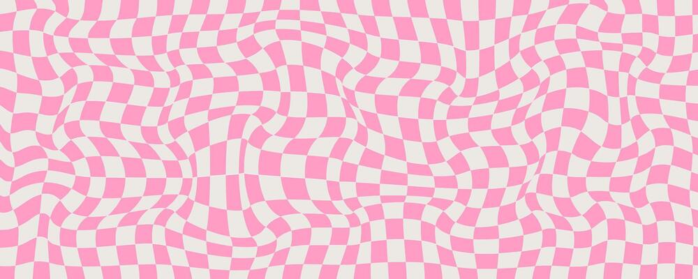 Vintage Psychedelic Checkerboard Background with Pink and White Colors. Trippy design with distortion grid effect. Twisted wavy and groovy geometrical chessboard. Distorted funky 70s hippie art