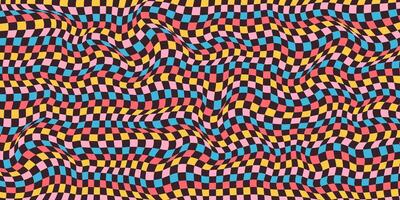 Psychedelic Wavy Checkerboard Background with Retro Colors. Trippy design with distortion grid effect. Twisted wavy and groovy geometrical chessboard. Distorted funky 70s hippie art vector