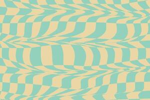 Abstract Psychedelic Checkerboard Background with Retro Colors. Trippy backdrop with distortion grid effect. Twisted wavy and groovy geometrical chessboard. Distorted funky 70s hippie art vector