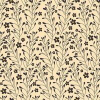 Minimalistic Botanical Ditsy Seamless Pattern with Leafy Stems and Tiny Flowers on Beige Background. Elegant repetitive background with natural elements, line art, and floral motifs. Perfect for vector