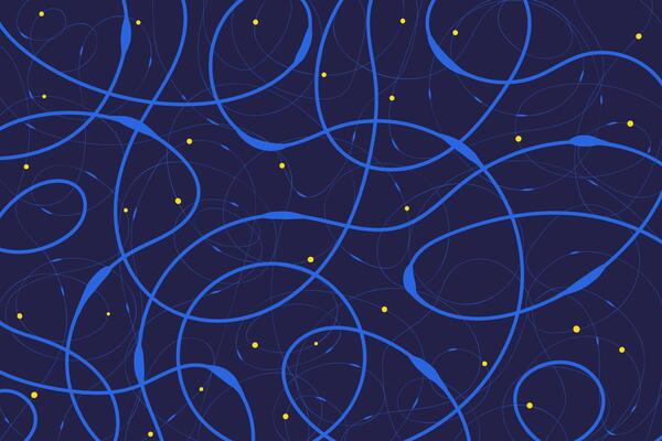 Abstract Blue Swirls with Yellow Dots on Dark Blue Background. Intertwining lines with cosmic retro vibes and vibrant movement. Perfect for wallpapers, posters, social media, poster