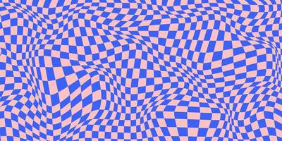 Abstract Wavy Psychedelic Checkerboard Background with Purple and Pink Colors. Trippy design with distortion grid effect. Twisted wavy and groovy geometrical chessboard. Distorted funky 70s hippie art vector