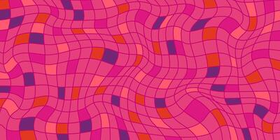 Wavy Pink Checkered Pattern on Vibrant Background. Flowing retro grid with pink, orange, and purple tiles, dynamic and playful design. Perfect for retro posters, banners, web, branding vector