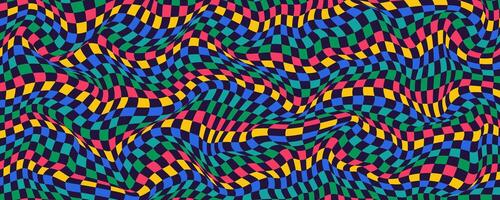 Abstract Wavy Psychedelic Checkerboard Background with Retro Colors. Trippy design with distortion grid effect. Twisted wavy and groovy geometrical chessboard. Distorted funky 70s hippie art vector