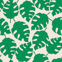 Leaf Seamless Pattern with Tropical Green Leaves on Beige Background. Playful and vibrant leafy background with tropical foliage, bold shapes, and playful colors. Ideal for print, fashion, cards vector