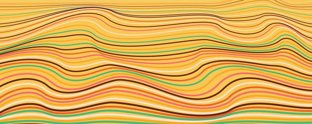 Abstract Yellow Wavy Lines Pattern With Vibrant Retro Colors. Dynamic multicolored vintage design with flowing stripes. Perfect for branding, packaging, posters, web, banners