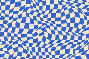 Abstract Wavy Psychedelic Checkerboard Background with Retro Blue and White Colors. Trippy design with distortion grid effect. Twisted wavy and groovy geometrical chessboard. Distorted funky 70s vector