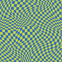 Funky Psychedelic Checkerboard Background with Retro Colors. Trippy design with distortion grid effect. Twisted wavy and groovy geometrical chessboard. Distorted funky 70s hippie art vector