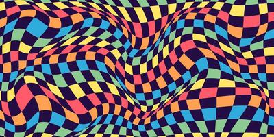 Abstract Psychedelic Checkerboard Background with Retro Colors. Trippy modern design with distortion grid effect. Twisted wavy and groovy geometrical chessboard. Distorted funky 70s hippie art vector