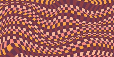 Psychedelic Checkerboard Background with Vintage Colors. Trippy design with distortion grid effect. Twisted wavy and groovy geometrical chessboard. Distorted funky 70s hippie art vector