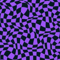 Distorted Psychedelic Checkerboard Background with Retro Colors. Trippy design with distortion grid effect. Twisted wavy and groovy geometrical chessboard. Distorted funky 70s hippie art vector