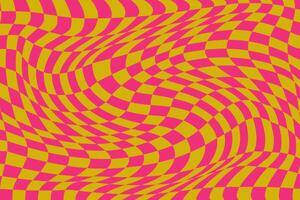 Psychedelic Yellow and Pink Checkerboard Background. Trippy design with distortion grid effect. Twisted wavy and groovy geometrical chessboard. Distorted funky 70s hippie art vector