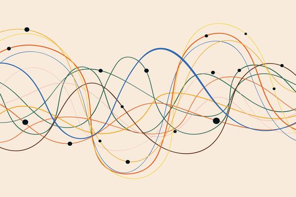 Colorful Wave Line Pattern with Black Dots on Beige Background. Dynamic playful overlapping lines with rhythmic flow. Perfect for music posters, branding, and web