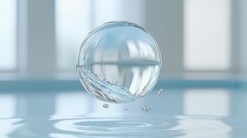 clear water bubble floats gracefully above tranquil surface, reflecting light and creating serene atmosphere. gentle ripples around it enhance peaceful scene photo