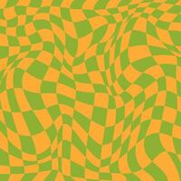 Trippy Psychedelic Checkerboard Background with Retro Colors. Abstract design with distortion grid effect. Twisted wavy and groovy geometrical chessboard. Distorted funky 70s hippie art vector