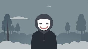 Barrier of Fake Smiles A figure wearing a mask with a forced smile surrounded by a foggy background signifying the contrast between inner turmoil and outward appearance.. vector
