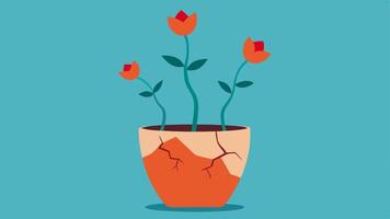 Broken Pot with Blossoms A cracked pot with blooming flowers growing out of it illustrating that beauty can emerge from brokenness and setbacks.. vector