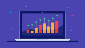 Computer Screen with Graphs A illustration showing a laptop with candlestick charts on the screen representing cryptocurrency price movements. The background includes. vector