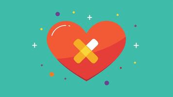 Bandaid on a Heart A heart with a bandaid on it surrounded by bright cheerful decorations showing that ignoring pain with positivity doesnt heal the s.. vector