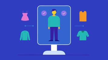 Occasion Suggestions A user contemplating an outfit in front of the smart mirror as it provides suggestions based on different occasions e.g. casual business formal.. vector