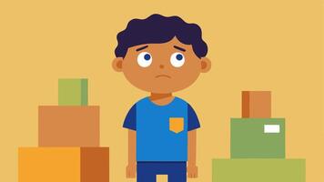 Waste Kid A child standing amidst a chaotic pile of delivery boxes looking confused or sad the negative impact of waste on future generations.. vector