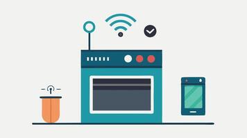 Connected Oven An oven with WiFi connectivity symbols featuring a digital control panel that shows cooking settings and remote monitoring capabilities.. vector