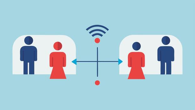 Internet Access Barriers An of a wall or barrier separating two groups. On one side people are connected with wireless signals and screens. On the other side people are shown. vector