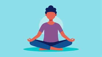 Deep Breathing Exercise An individual sitting crosslegged eyes closed with one hand on their chest and another on their abdomen practicing deep breathing in a calming environment.. vector