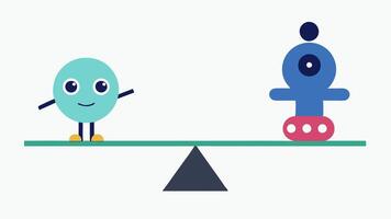 Balancing Scale A character on a seesaw with the word SelfWorth on one side and Social Media Comparison on the other tipping towards the latter showing imbalance.. vector