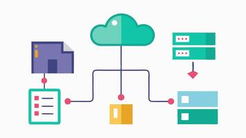Graphical Data Flow An illustration showing a flowchart with steps leading from a computer to the cloud highlighting the upload process and successful storage.. vector