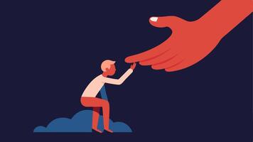 Compassionate Voice A large warm hand reaching down to gently pull up a small figure sitting in darkness representing how kindness and compassion can lift someone out of their. vector