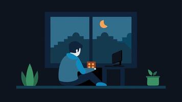Lonely Gamer An individual sitting in a darkened room playing games while outside the window friends are laughing and playing together showing the isolation of excessive. vector