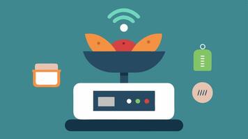 Intelligent Kitchen Scale A sleek kitchen scale that connects to a recipe app with visible icons of foods measurement units and nutritional information.. vector