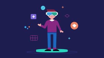 Gaming Mode A user in a casual stance wearing smart glasses with holographic game elements like characters and scores appearing around them in a playful manner.. vector