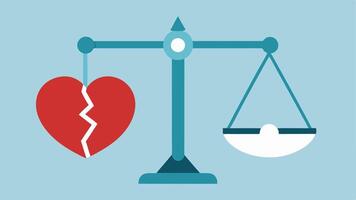 Balancing Scales A pair of scales one side holding a heart and the other holding a broken piece of heart representing the struggle to balance conflicting beliefs about love and. vector