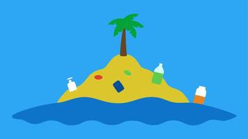 Trash Island A depiction of an island made entirely of discarded plastic bottles and bags with a single palm tree struggling to survive on top.. vector