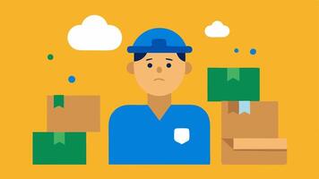 Wasteful Delivery An showing a delivery person surrounded by numerous cardboard boxes with a thought bubble depicting a cleaner wastefree option.. vector